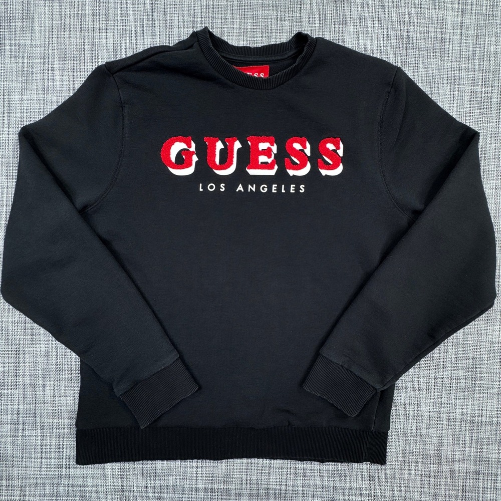 GUESS Los Angeles Sweatshirt Mens M Black Chenille Logo Cotton Blend Crewneck